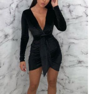Black velvet Tie front bodycon mini dress